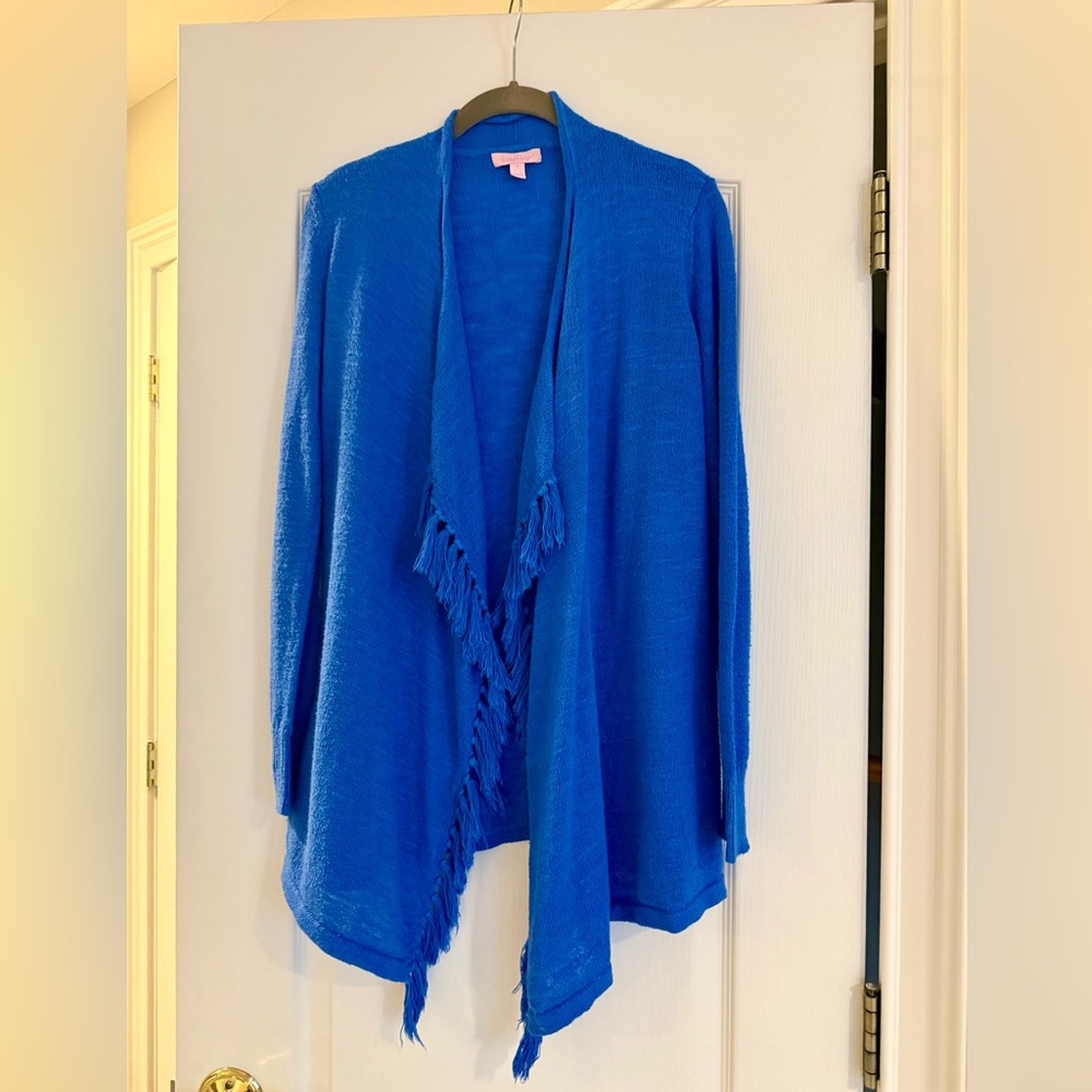 Lily Pulitzer Blue Fringe Open-Front Women's Sweater Cardigan